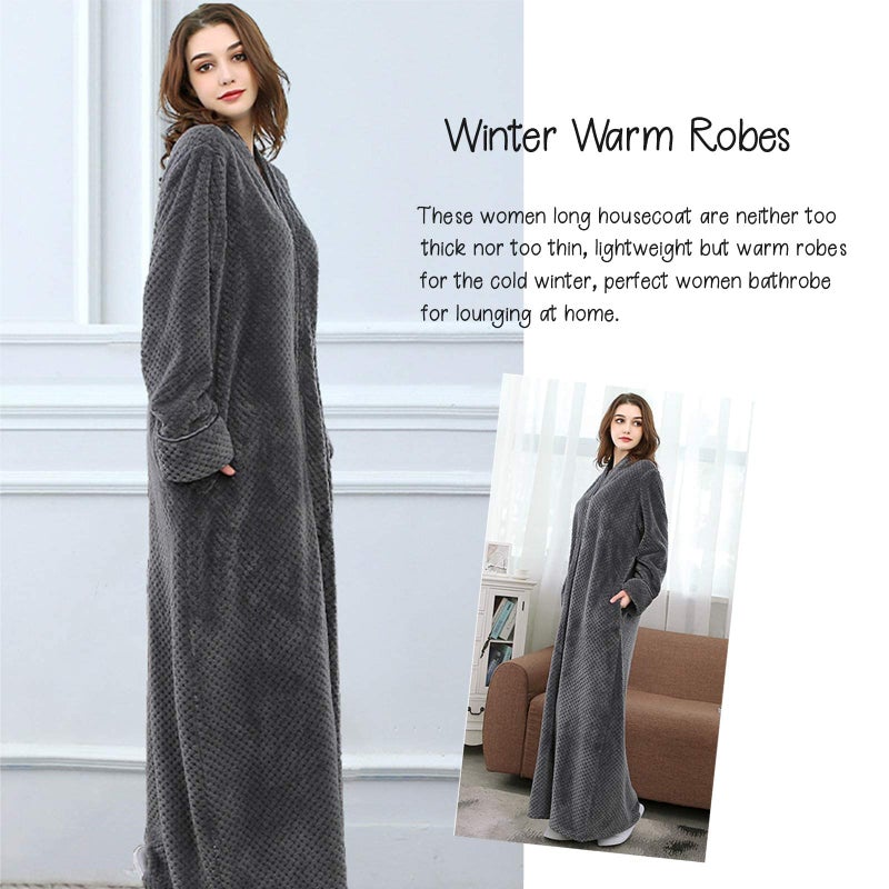 Oksun Womens Fleece Warm Robe: Cozy Flannel Long Zipper Bathrobe - Plush Winter Housecoat Nightgown (Gray, Medium) - Image 4